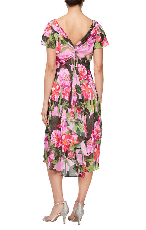 Midi Printed Cowl Neck Dress with Flutter Sleeve and Embellishment at Shoulder