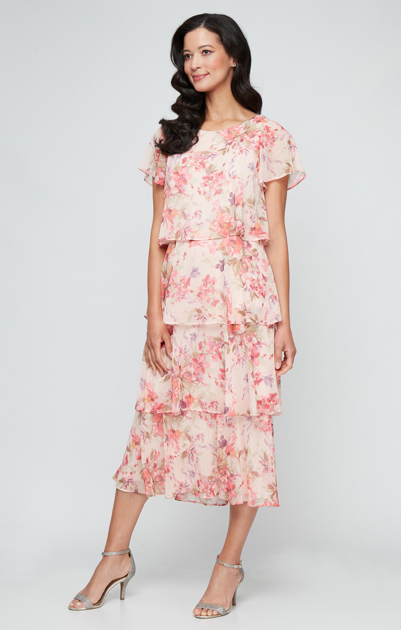 Petite Tea Length Printed Tiere Dress with Embellishment Detail at Sho – S.L. Fashions