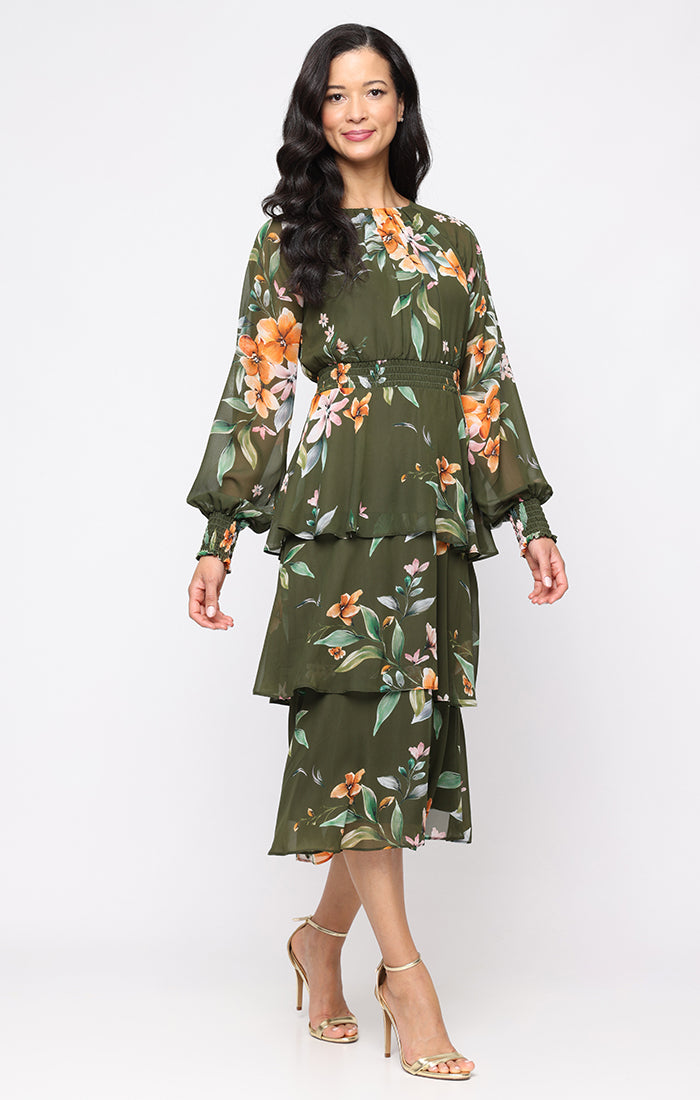 floral chiffon tiered midi dress Midi Printed Chiffon Dress with Smocked Waist and Tiered Skirt – S.L.  Fashions