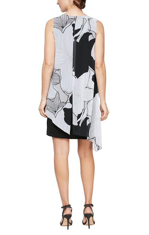 Sleeveless Dress with Printed Asymmetrical Chiffon Overlay