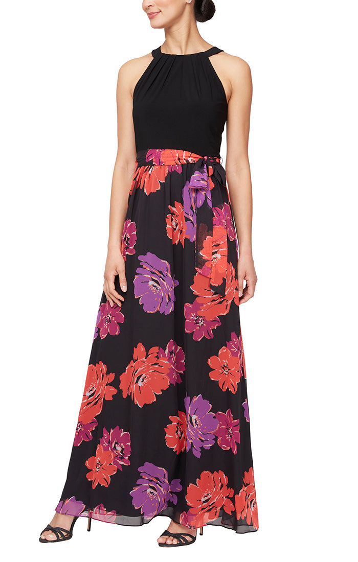 Long Halter Dress with Printed A-Line Skirt and Tie Belt