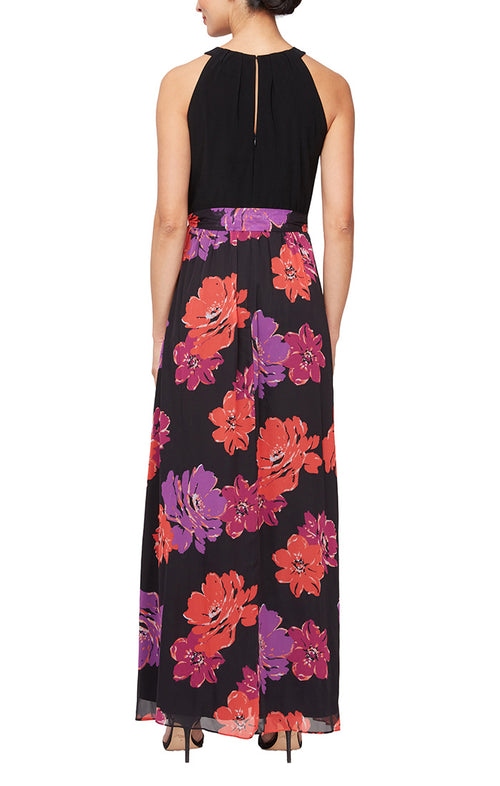 Long Halter Dress with Printed A-Line Skirt and Tie Belt