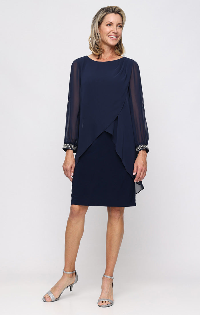 Short Jersey Sheath Dress with Chiffon Tulip Overlay Bodice and Beaded Illusion Cuff Sleeves