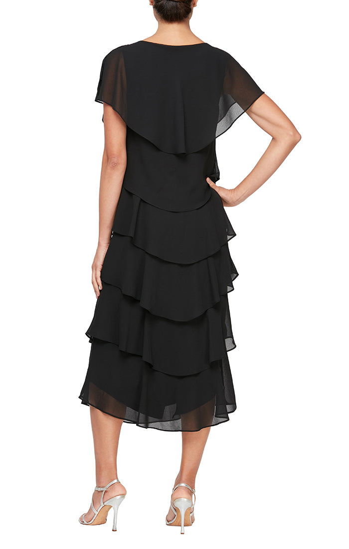 GEORGETTE CHIFFON CAPELET T LENGTH TIER DRESS WITH BEADED TRIM PINS ON SHOULDERS