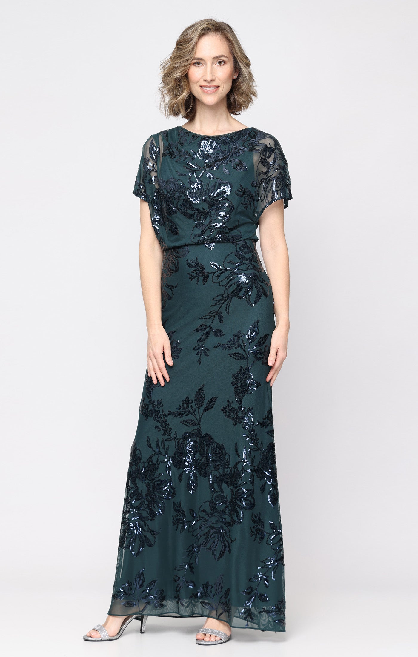 blouson formal dress Sl Fashions Women's Sequin Floral Gown - Blue enhanced by faux buttons Wild Floral Organic Cotton Rozmiar:S/M Archived