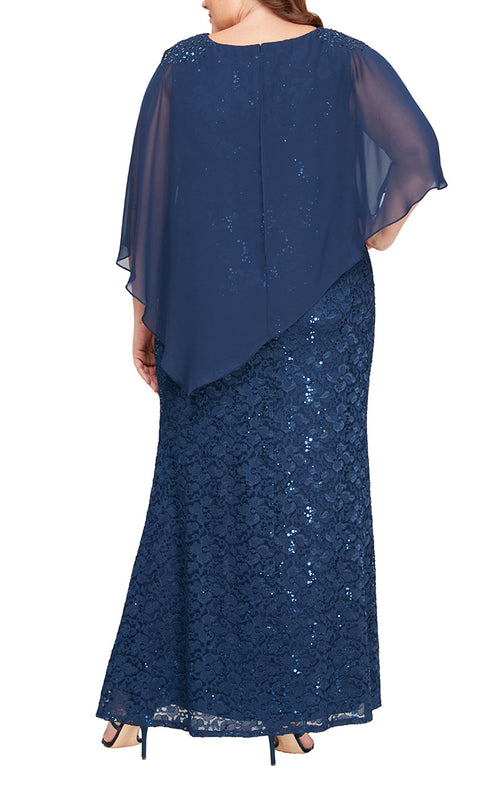 Plus Long Popover Dress with Beaded Shoulder Detail and Asymmetric Overlay