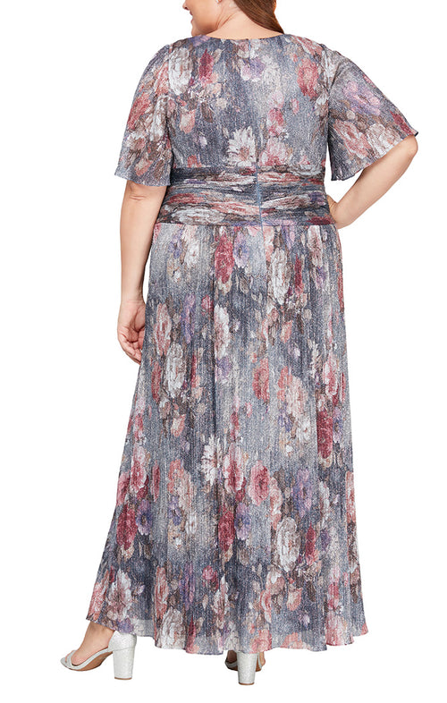 Plus - Long A-Line Printed Dress With Surplice Neckline, Flutter Sleeves and Ruched Waist Detail