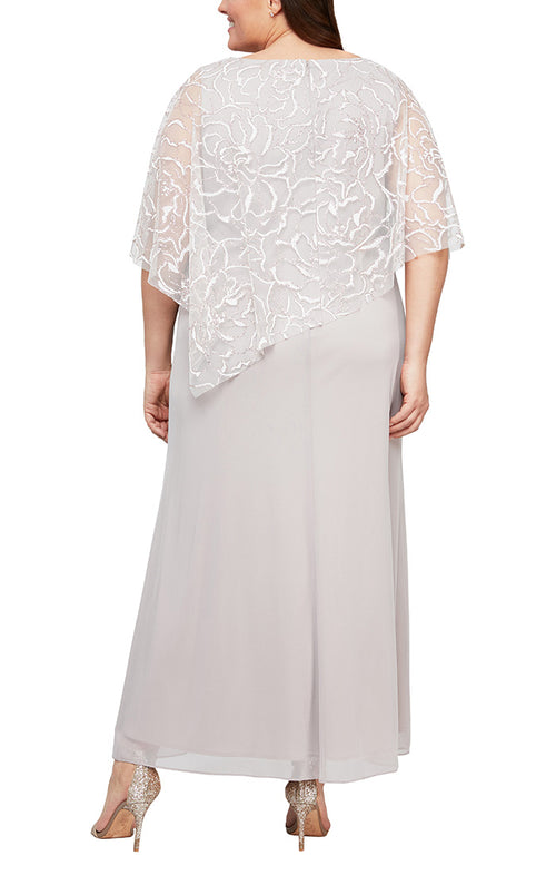 Plus V-Neck Glitter Mesh Gown with Floral Chiffon Asymmetric Cape