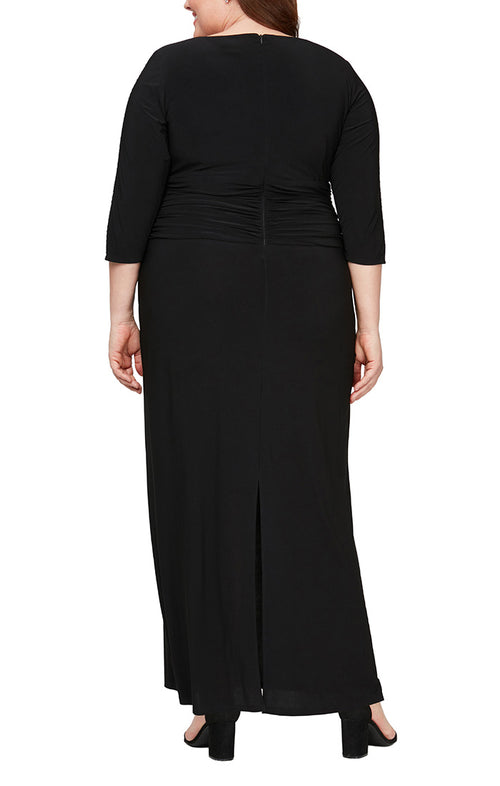 Plus Matte Jersey Long Dress with Embellished 3/4 Sleeve Detail