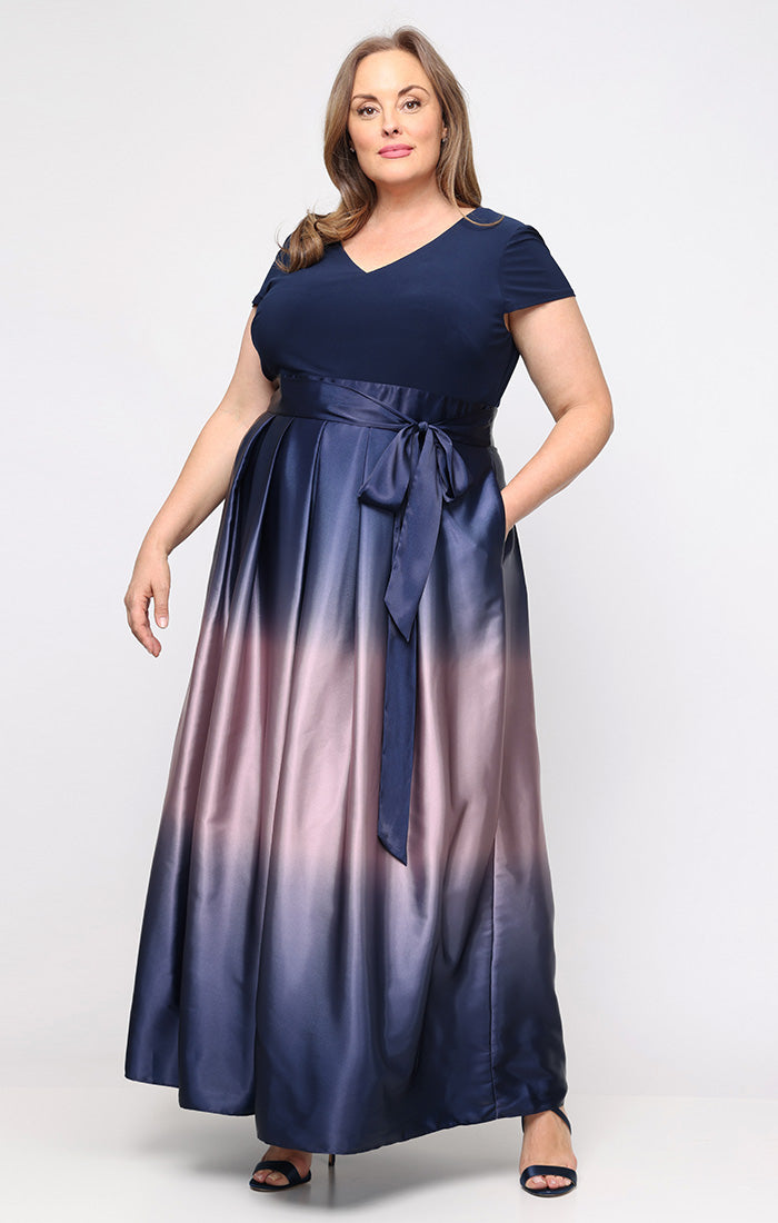 Plus Long Ombre Satin Ballgown with Matte Jersey V-Neck Bodice, Cap Sl S.L. Fashions Plus Long Ombre Satin Ballgown with Matte Jersey V-Neck Bodice, Cap Sl S.L. Fashions