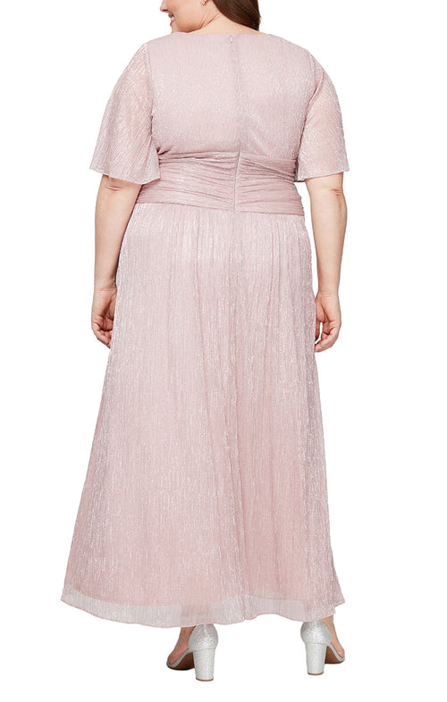 Plus A-Line Dress With Surplice Neckline, Flutter Sleeves and Ruched Waist Detail