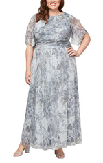 Plus Long Printed Dress with Ruched Waist and Cold Shoulder Sleeves