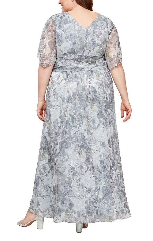 Plus Long Printed Dress with Ruched Waist and Cold Shoulder Sleeves