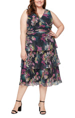 Plus Midi Sleeveless Printed Dress with Ruched Waist and Tiered Skirt