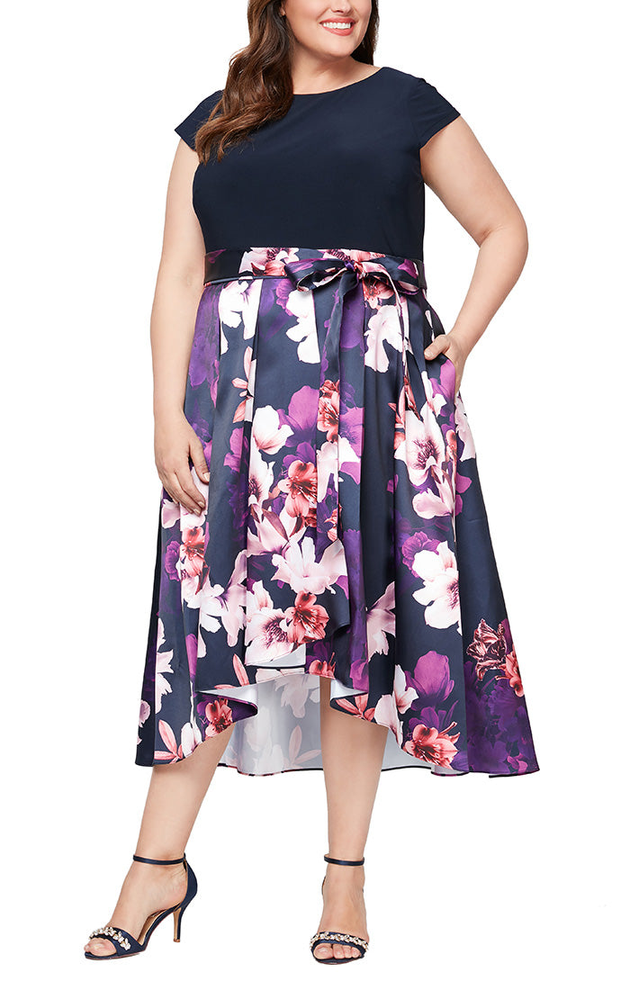 Cap Sleeve Printed Silk Skirt Party Dress with Tie Belt and High/Low Hem