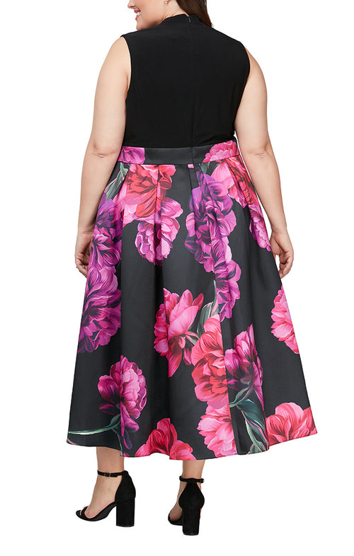 Sleeveless Printed High/Low Party Dress With Tie Waist Detail
