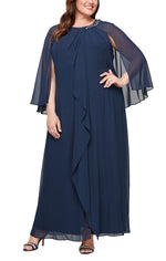 Plus Halter Dress with Embellished Neckline and Illusion Capelet Sleeves