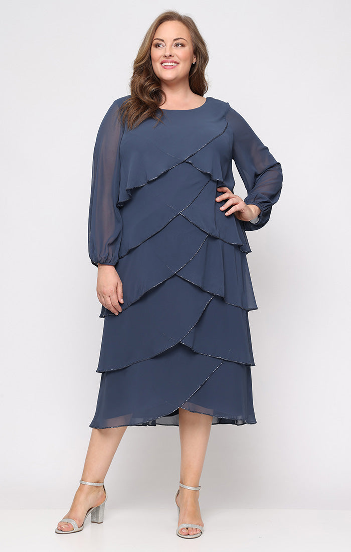 Sl Fashions Plus Size Tiered Chiffon A-Line Dress - Slate