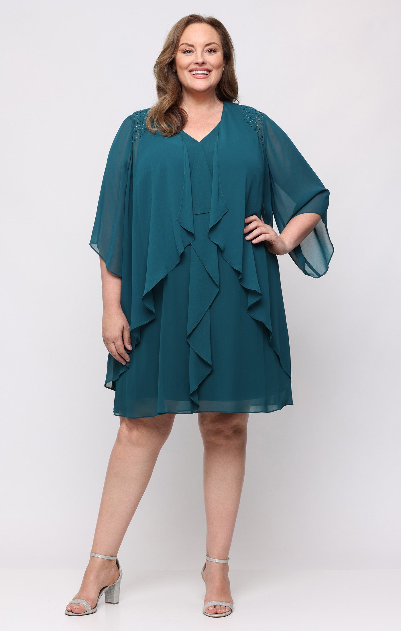 chiffon jacket dress Sl Fashions Plus Size V-Neck Beaded-Shoulder - Mallard summer-favorites Size:UK 7, US 8, EU 41 heat steamer from the White House Black Market