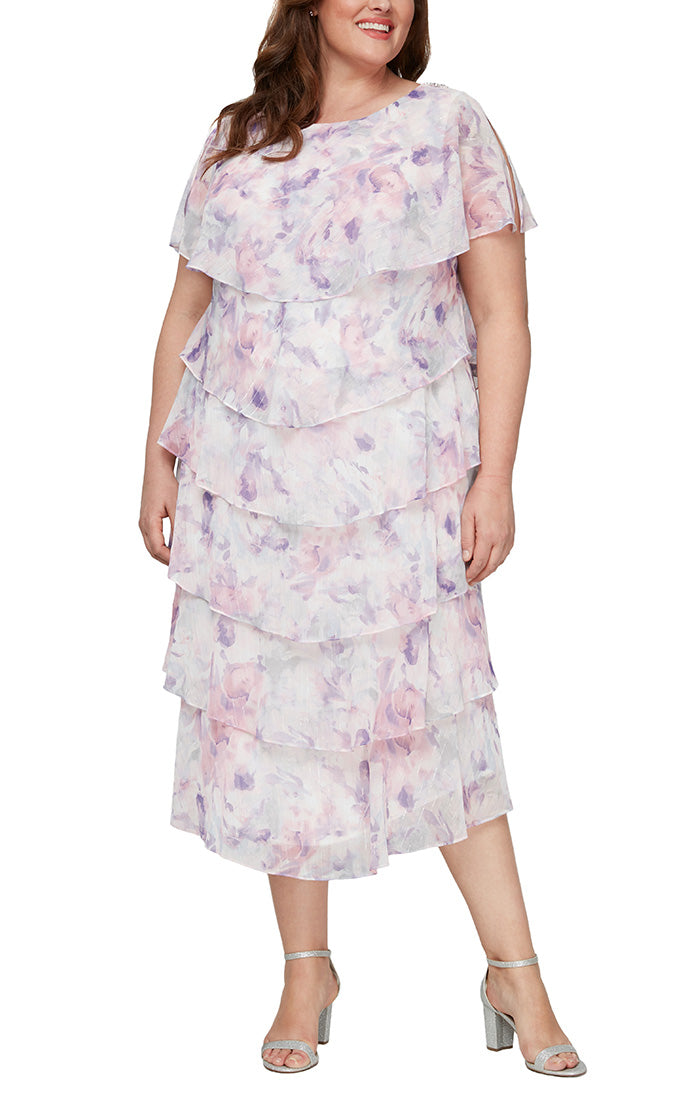 Plus Midi Printed Tiered Dress with Embellishment Detail at Shoulders