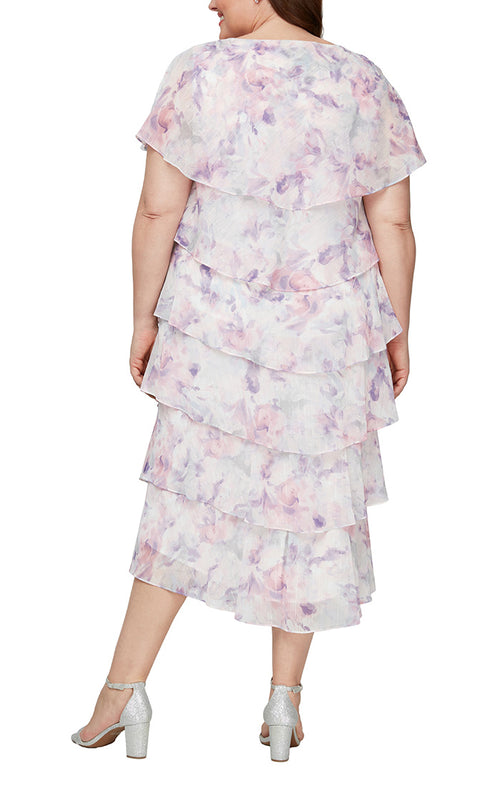 Plus Midi Printed Tiered Dress with Embellishment Detail at Shoulders