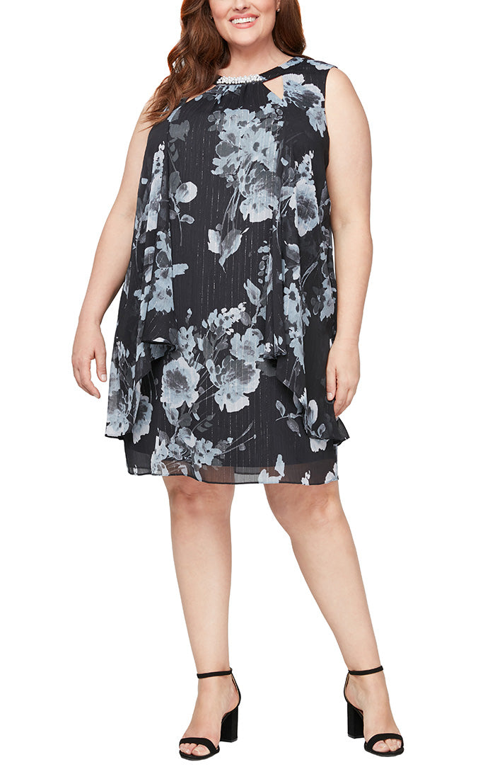 Plus Short Sleeveless Printed Dress with Embellished Cutout Neckline and Cascade Detail