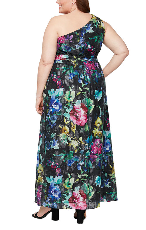 Plus Long Printed One Shoulder Maxi with Tie Waist