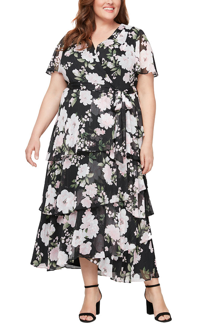 Plus Long Printed Maxi with Surplice Neckline, Tie Belt and Tiered Skirt