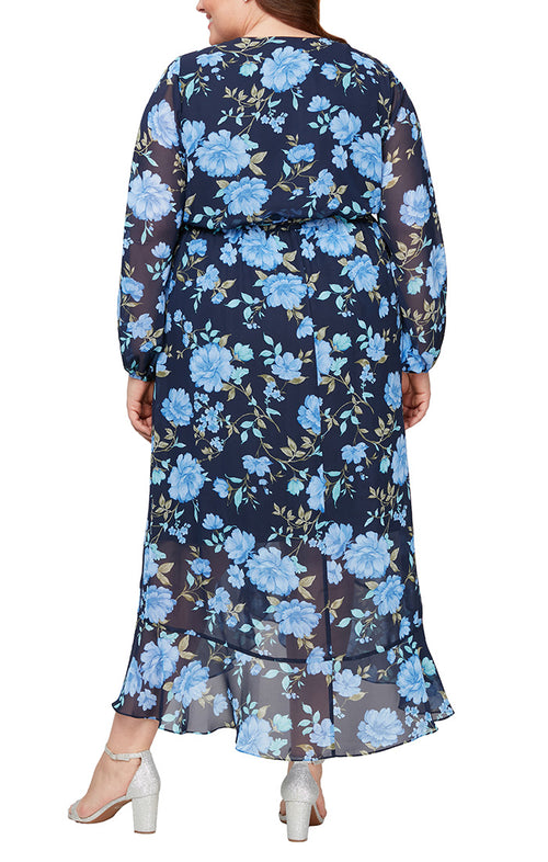 Plus Long Printed Surplice Neckline Maxi with Tulip Overlay Skirt and Tie Belt