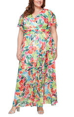 Plus Long Printed Maxi with Surplice Neckline and Ruched Waist