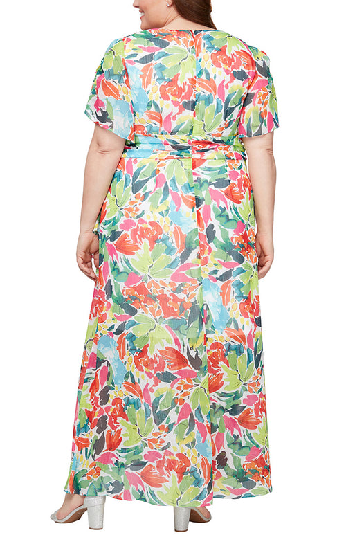 Plus Long Printed Maxi with Surplice Neckline and Ruched Waist