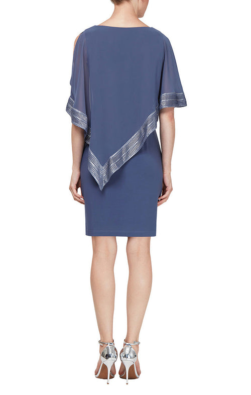 Foil Trim Asymmetrical Chiffon & Jersey Popover Cape Dress