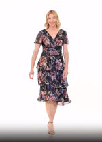 Tea Length Printed Surplice Neckline Dress with Ruched Waist & Tiered Skirt