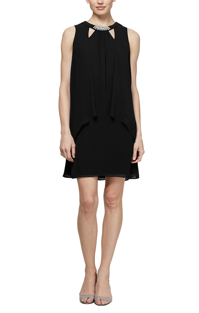 Petite Chiffon Cocktail Dress with Cutout Neckline and Pearl Trim Detail