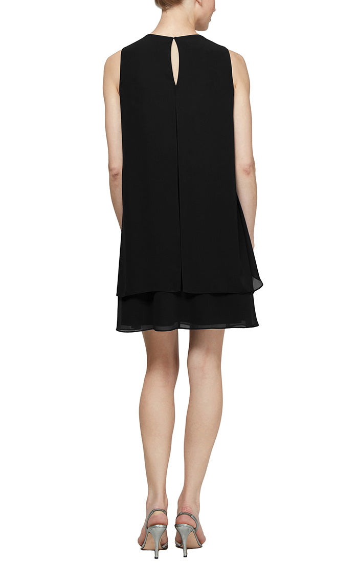 Short Chiffon Cocktail Dress with Cutout Neckline and Pearl Trim Detail