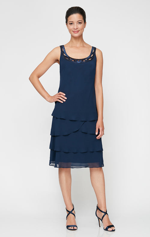 Regular - Chiffon Jacket Dress with Tiered Skirt and Beaded Neckline Detail