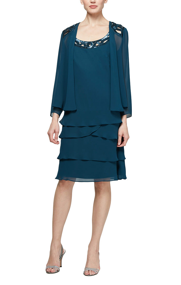 Petite 3/4 Sleeve Chiffon Jacket Dress with Tiered Skirt and Beaded Neckline Detail
