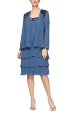 3/4 Sleeve Chiffon Jacket Dress with Tiered Skirt and Beaded Neckline Detail