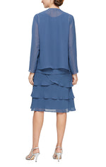 3/4 Sleeve Chiffon Jacket Dress with Tiered Skirt and Beaded Neckline Detail