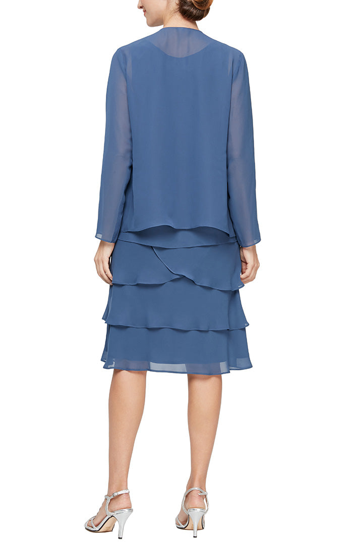 3/4 Sleeve Chiffon Jacket Dress with Tiered Skirt and Beaded Neckline Detail