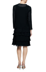 3/4 Sleeve Chiffon Jacket Dress with Tiered Skirt and Beaded Neckline Detail