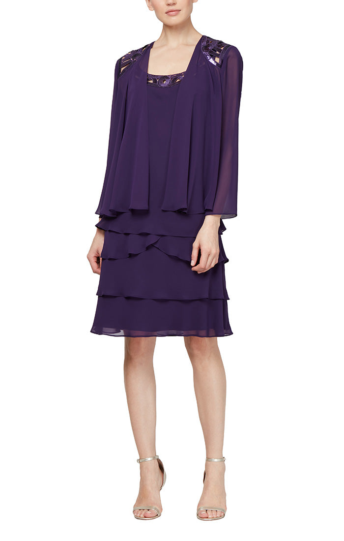 Petite 3/4 Sleeve Chiffon Jacket Dress with Tiered Skirt and Beaded Neckline Detail