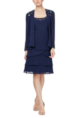 Petite 3/4 Sleeve Chiffon Jacket Dress with Tiered Skirt and Beaded Neckline Detail