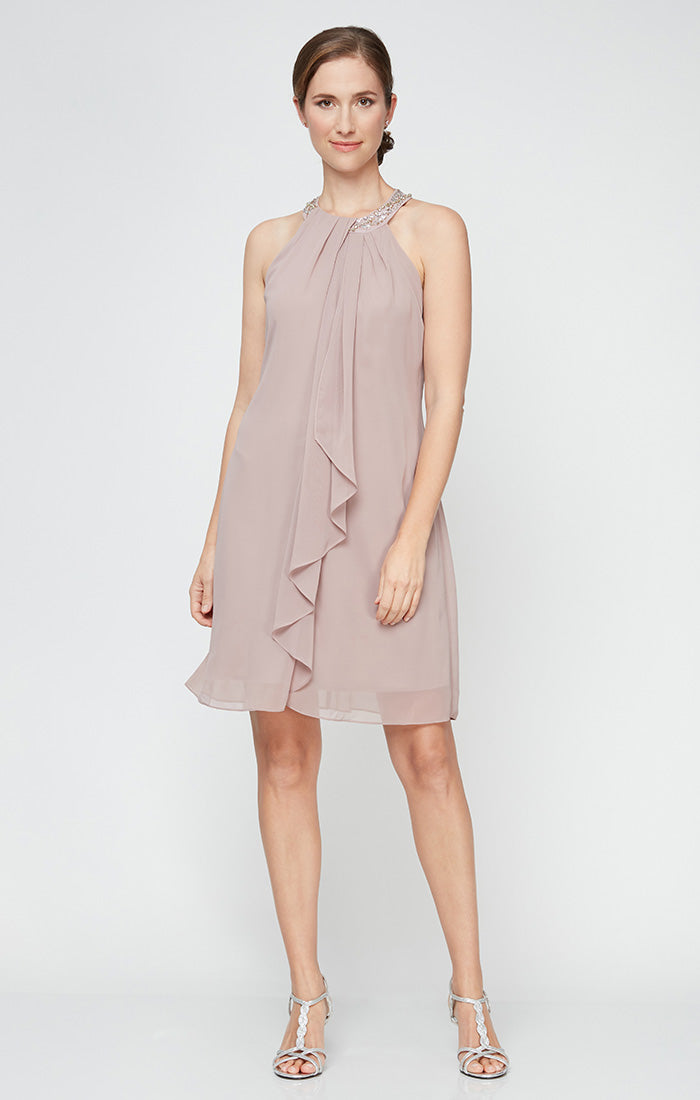 【送料&関税込】ChloAC Sheath Dress Beaded Neckline Chiffon Dress with Cascade Ruffle Detail