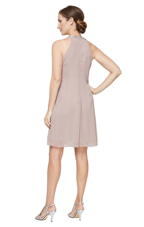 Beaded Neckline Chiffon Dress with Cascade Ruffle Detail