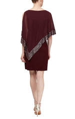 Regular - Foil Trim Asymmetrical Chiffon & Jersey Popover Cape Dress