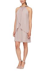 Petite Split Front Chiffon Dress with Bead Cord Necklace