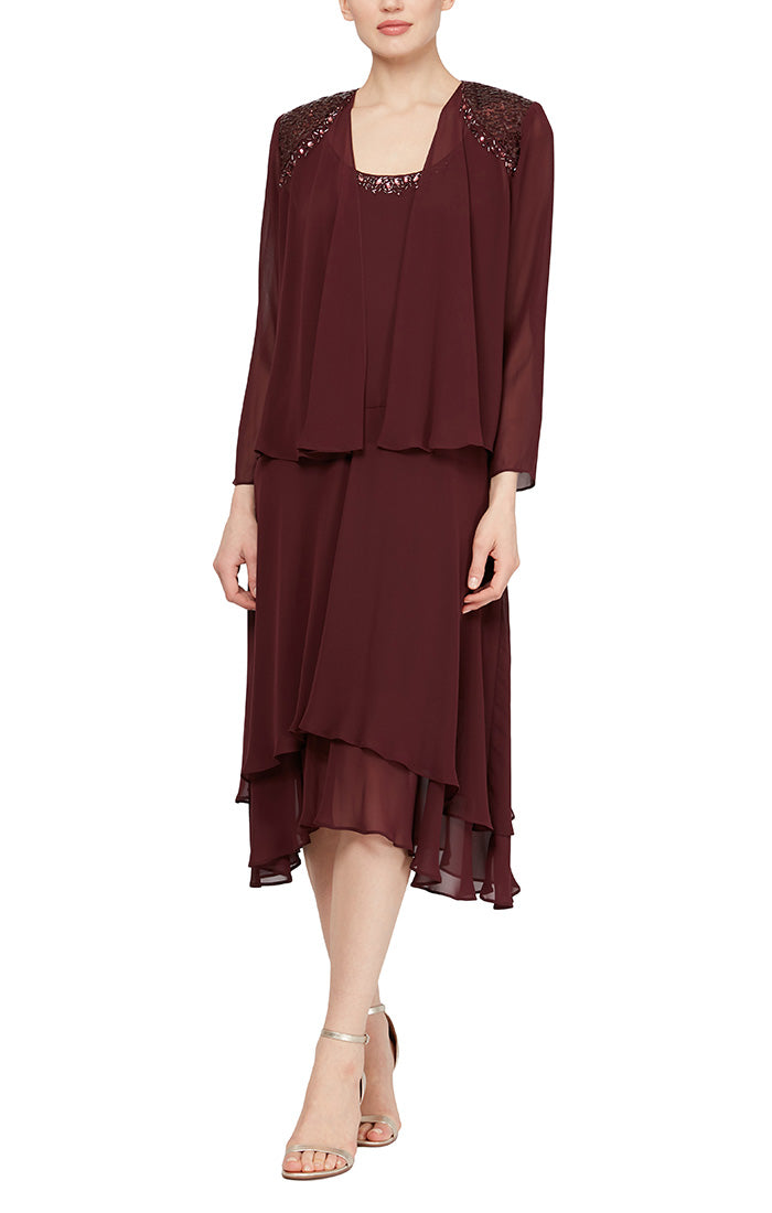 【公式】アクセサリーの激安通販 Chiffon Jacket Dress with Beaded Shoulder Detail & Tiered ワンピース