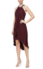 Petite Crepe Cocktail Dress with Beaded Neckline and Ruffle Front Detail