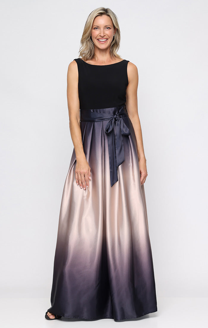 Sleeveless Gown with Satin Ombre Skirt & Tie Belt